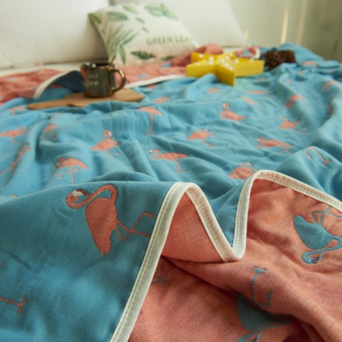 91家纺网 家纺一手货源 找家纺 朴尔家纺 六层全棉纱布毛巾被 火烈鸟-深蓝