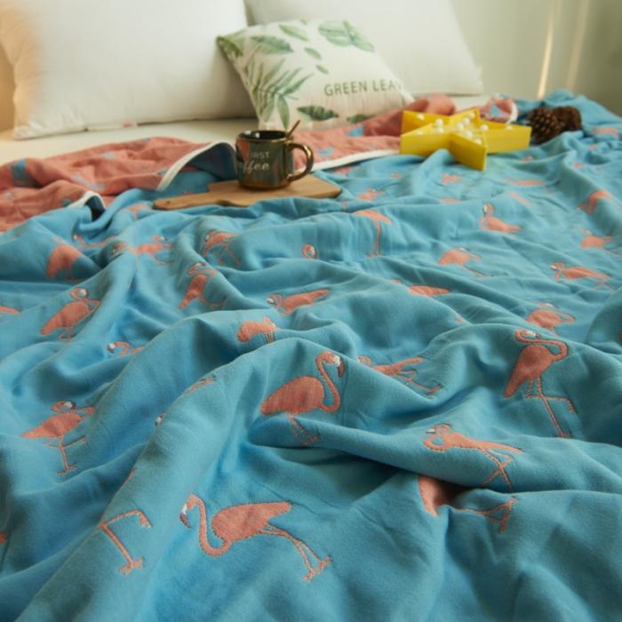 91家纺网 家纺一手货源 找家纺 朴尔家纺 六层全棉纱布毛巾被 火烈鸟-深蓝