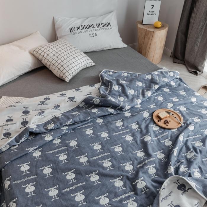 91家纺网 家纺一手货源 找家纺 朴尔家纺 六层全棉纱布毛巾被 麋鹿蓝