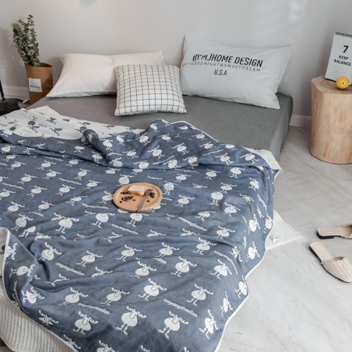 91家纺网 家纺一手货源 找家纺 朴尔家纺 六层全棉纱布毛巾被 麋鹿蓝