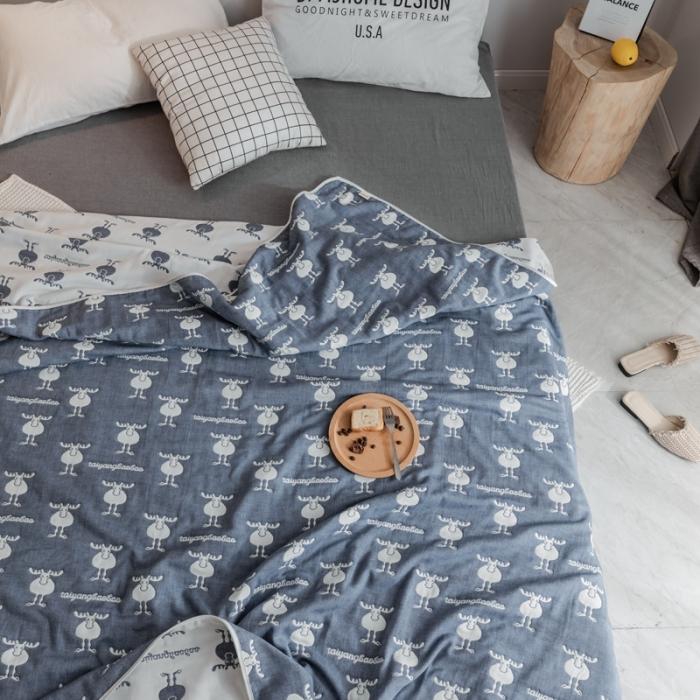 91家纺网 家纺一手货源 找家纺 朴尔家纺 六层全棉纱布毛巾被 麋鹿蓝