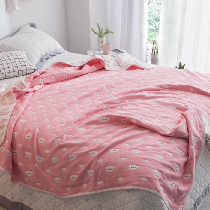 91家纺网 家纺一手货源 找家纺 朴尔家纺 六层全棉纱布毛巾被 日式彩云-粉