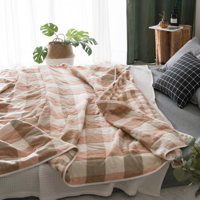 91家纺网 家纺一手货源 找家纺 朴尔家纺 六层全棉纱布毛巾被 日式大格-粉