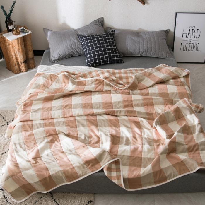 91家纺网 家纺一手货源 找家纺 朴尔家纺 六层全棉纱布毛巾被 日式大格-粉