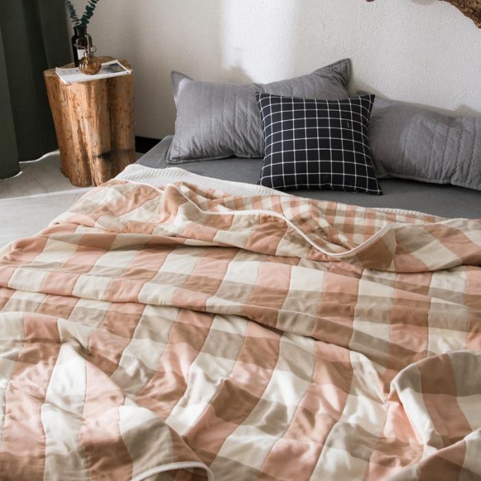 91家纺网 家纺一手货源 找家纺 朴尔家纺 六层全棉纱布毛巾被 日式大格-粉