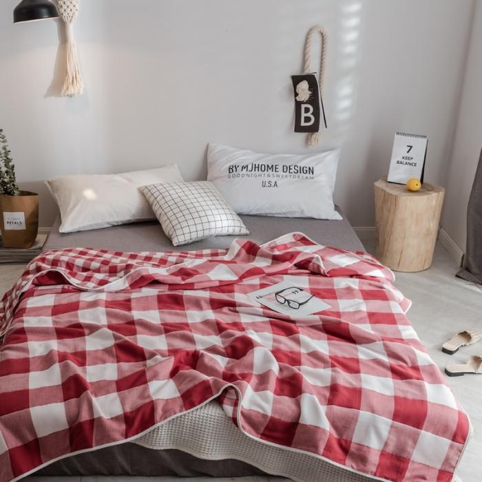 91家纺网 家纺一手货源 找家纺 朴尔家纺 六层全棉纱布毛巾被 日式大格-红