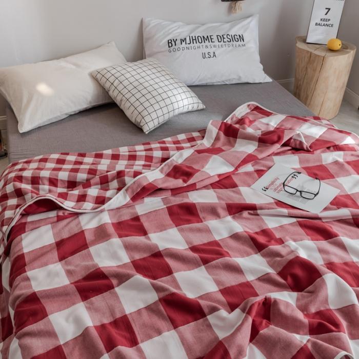 91家纺网 家纺一手货源 找家纺 朴尔家纺 六层全棉纱布毛巾被 日式大格-红