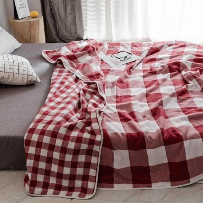 91家纺网 家纺一手货源 找家纺 朴尔家纺 六层全棉纱布毛巾被 日式大格-红