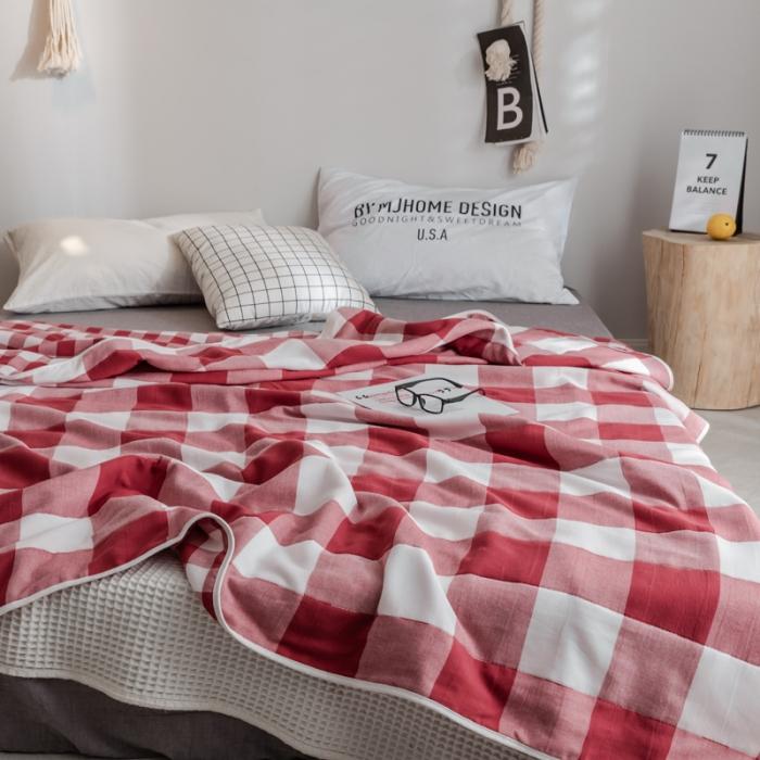 91家纺网 家纺一手货源 找家纺 朴尔家纺 六层全棉纱布毛巾被 日式大格-红