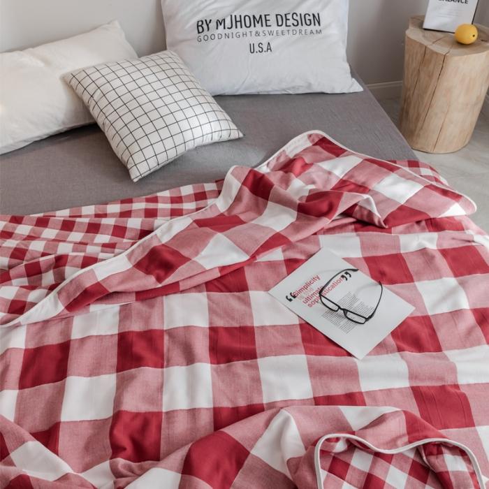 91家纺网 家纺一手货源 找家纺 朴尔家纺 六层全棉纱布毛巾被 日式大格-红