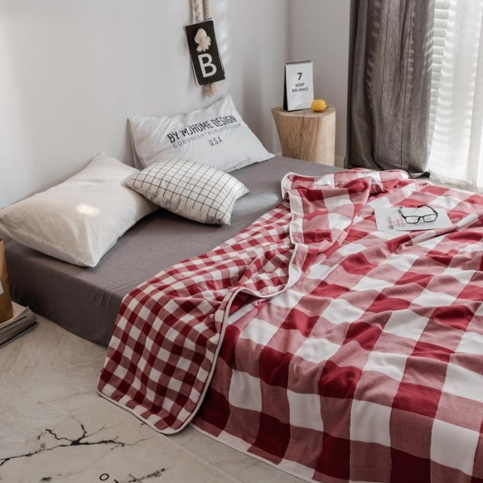 91家纺网 家纺一手货源 找家纺 朴尔家纺 六层全棉纱布毛巾被 日式大格-红