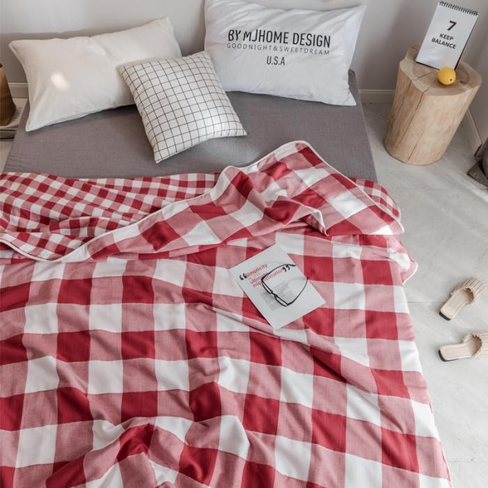 91家纺网 家纺一手货源 找家纺 朴尔家纺 六层全棉纱布毛巾被 日式大格-红