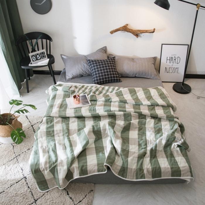 91家纺网 家纺一手货源 找家纺 朴尔家纺 六层全棉纱布毛巾被 日式大格-绿