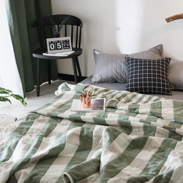 91家纺网 家纺一手货源 找家纺 朴尔家纺 六层全棉纱布毛巾被 日式大格-绿