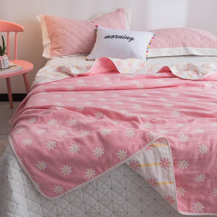 91家纺网 家纺一手货源 找家纺 朴尔家纺 六层全棉纱布毛巾被 小雏菊-粉