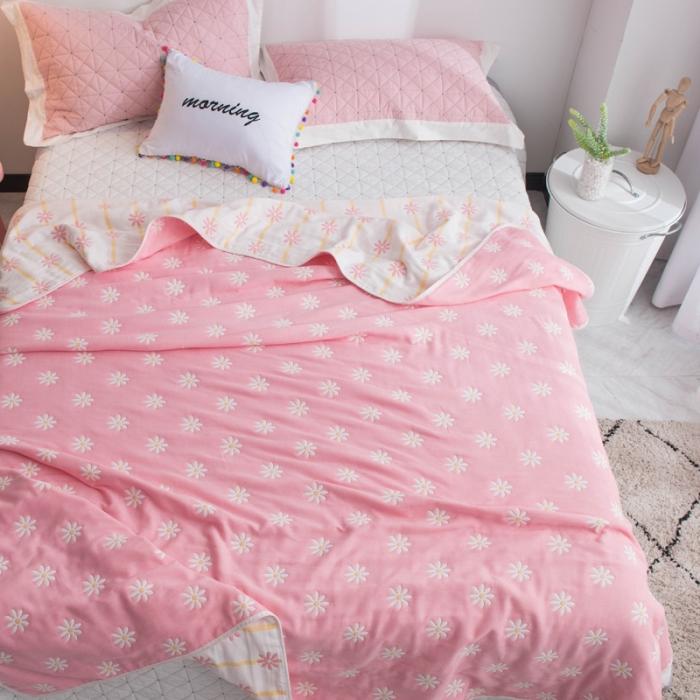 91家纺网 家纺一手货源 找家纺 朴尔家纺 六层全棉纱布毛巾被 小雏菊-粉