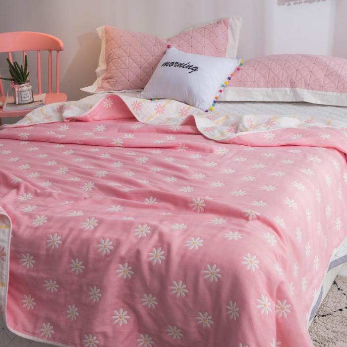 91家纺网 家纺一手货源 找家纺 朴尔家纺 六层全棉纱布毛巾被 小雏菊-粉