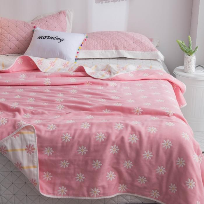 91家纺网 家纺一手货源 找家纺 朴尔家纺 六层全棉纱布毛巾被 小雏菊-粉