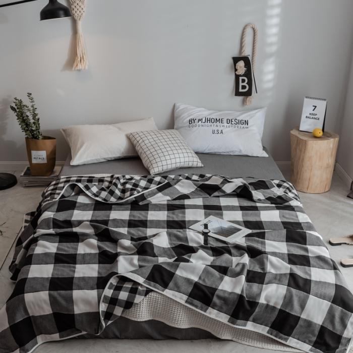 91家纺网 家纺一手货源 找家纺 朴尔家纺 夏季毛巾被纯棉毛毯被夏被毯子空调被 日式大格-黑