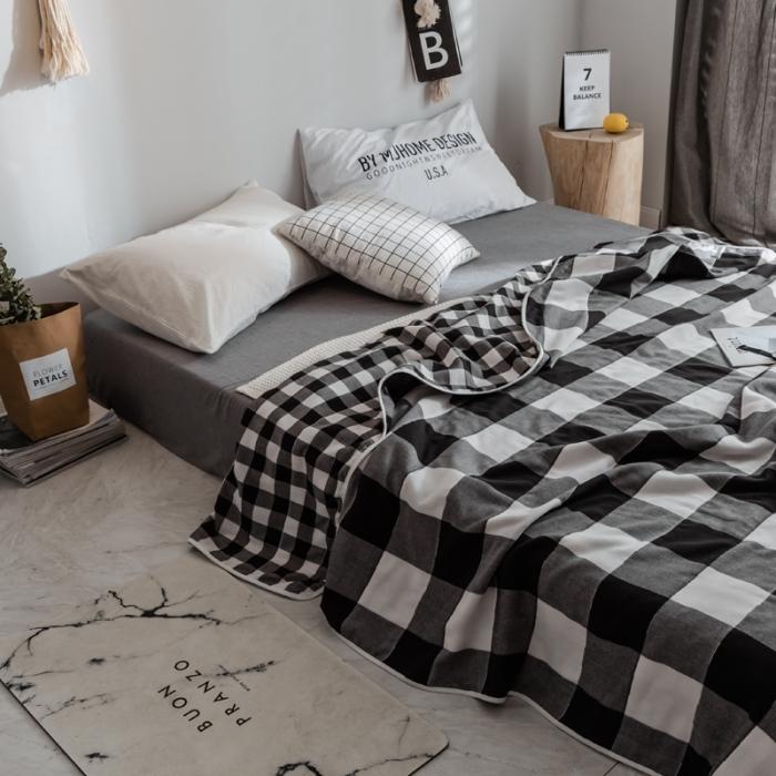 91家纺网 家纺一手货源 找家纺 朴尔家纺 夏季毛巾被纯棉毛毯被夏被毯子空调被 日式大格-黑