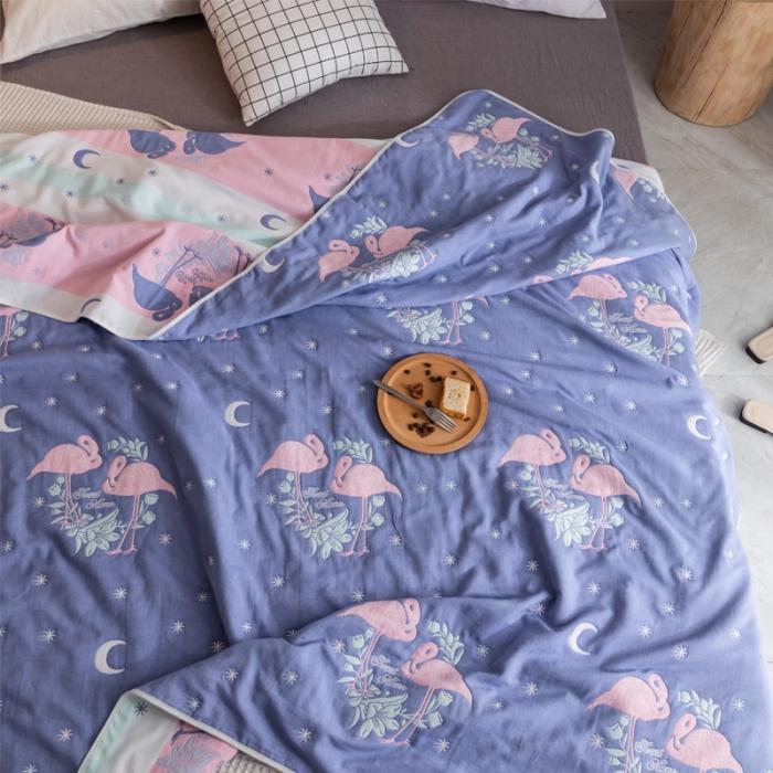 91家纺网 家纺一手货源 找家纺 朴尔家纺 六层全棉纱布毛巾被 呦呦鸟蓝