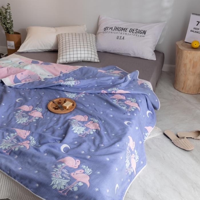 91家纺网 家纺一手货源 找家纺 朴尔家纺 六层全棉纱布毛巾被 呦呦鸟蓝