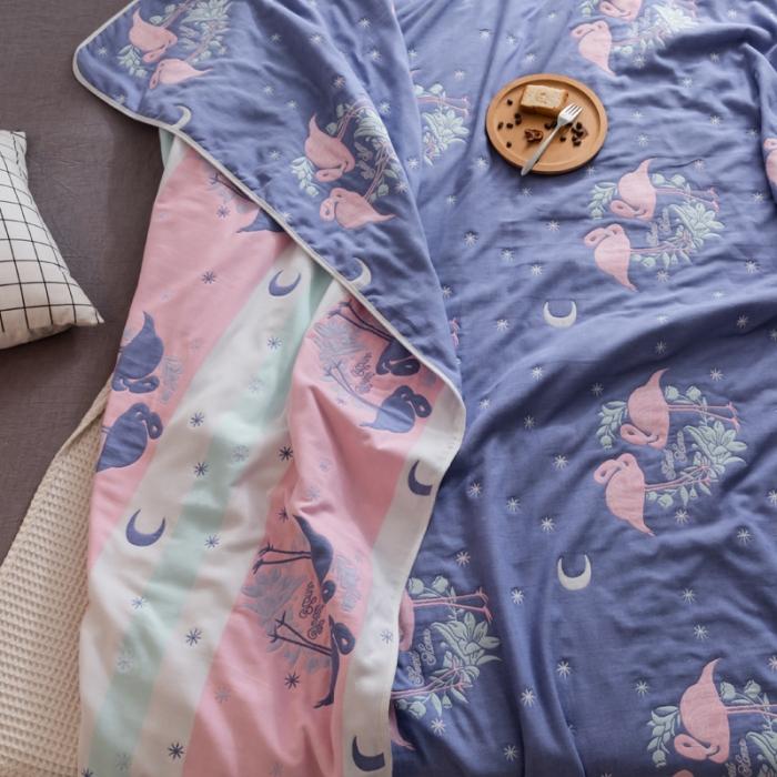 91家纺网 家纺一手货源 找家纺 朴尔家纺 六层全棉纱布毛巾被 呦呦鸟蓝