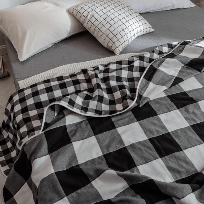 91家纺网 家纺一手货源 找家纺 朴尔家纺 夏季毛巾被纯棉毛毯被夏被毯子空调被 日式大格-黑