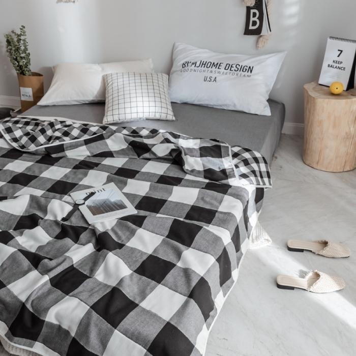 91家纺网 家纺一手货源 找家纺 朴尔家纺 夏季毛巾被纯棉毛毯被夏被毯子空调被 日式大格-黑