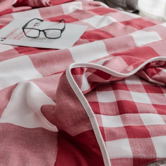 91家纺网 家纺一手货源 找家纺 朴尔家纺 夏季毛巾被纯棉毛毯被夏被毯子空调被 日式大格-红