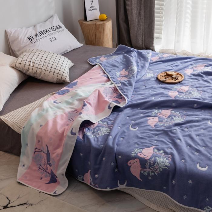 91家纺网 家纺一手货源 找家纺 朴尔家纺 夏季毛巾被纯棉毛毯被夏被毯子空调被呦呦鸟蓝