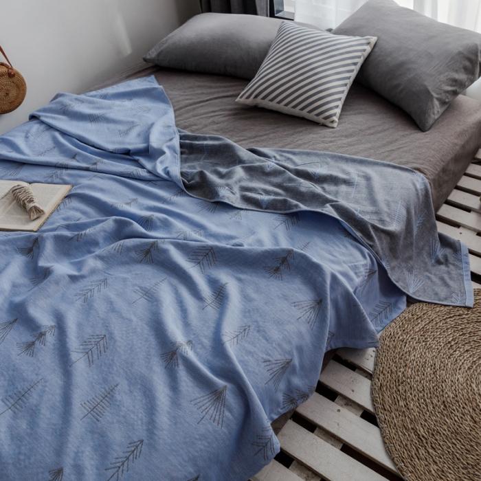 91家纺网 家纺一手货源 找家纺 朴尔家纺 2020年新款双层全棉纱布毛巾被 松柏-蓝