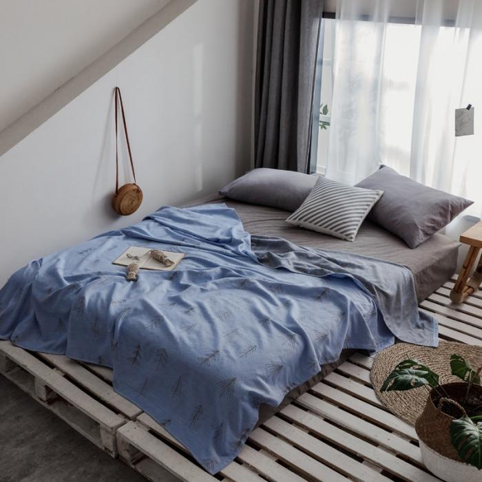 91家纺网 家纺一手货源 找家纺 朴尔家纺 2020年新款双层全棉纱布毛巾被 松柏-蓝