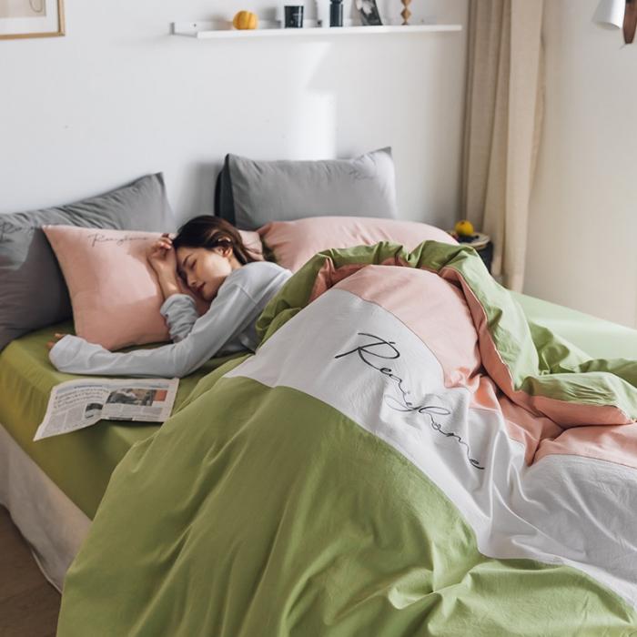 91家纺网 家纺一手货源 找家纺 蓝巢家纺 2020新款全棉加厚水洗棉早安四件套 早安抹茶绿