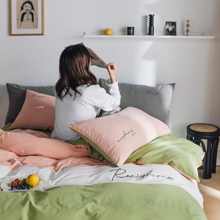 91家纺网 家纺一手货源 找家纺 蓝巢家纺 2020新款全棉加厚水洗棉早安四件套 早安抹茶绿