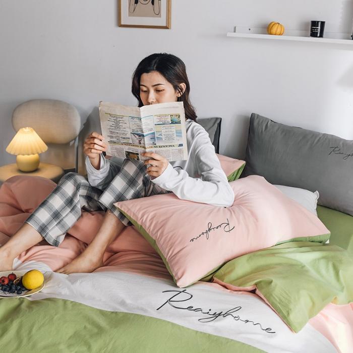 91家纺网 家纺一手货源 找家纺 蓝巢家纺 2020新款全棉加厚水洗棉早安四件套 早安抹茶绿