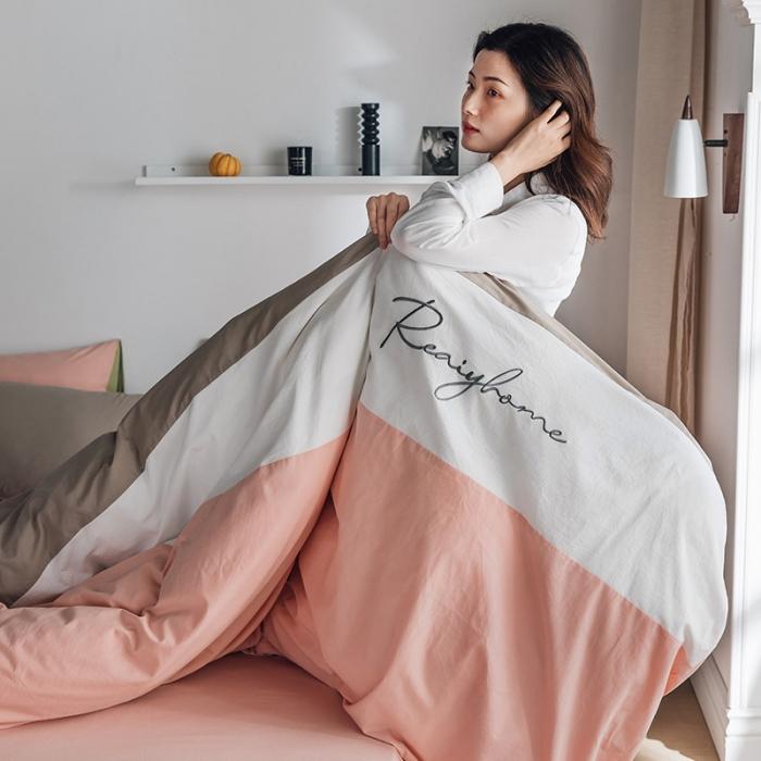 91家纺网 家纺一手货源 找家纺 蓝巢家纺 2020新款全棉加厚水洗棉早安四件套 早安浅粉