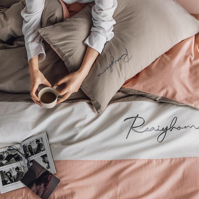 91家纺网 家纺一手货源 找家纺 蓝巢家纺 2020新款全棉加厚水洗棉早安四件套 早安浅粉