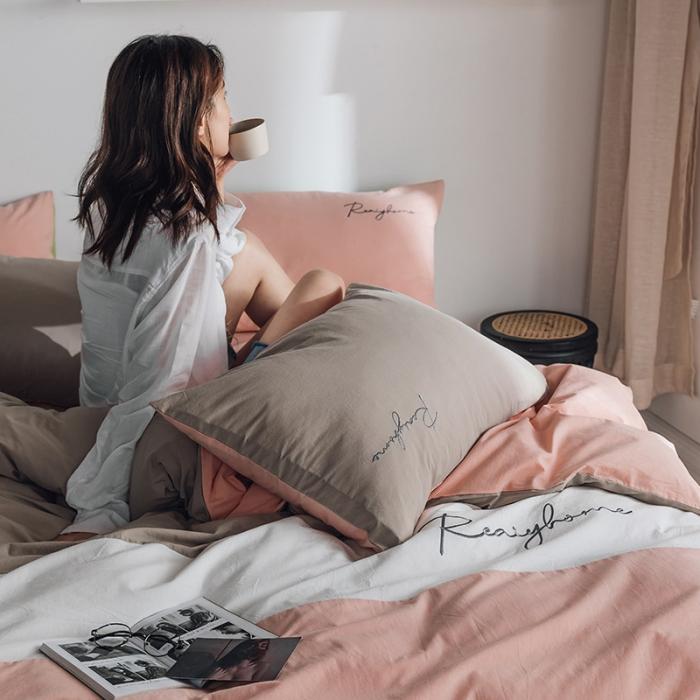 91家纺网 家纺一手货源 找家纺 蓝巢家纺 2020新款全棉加厚水洗棉早安四件套 早安浅粉