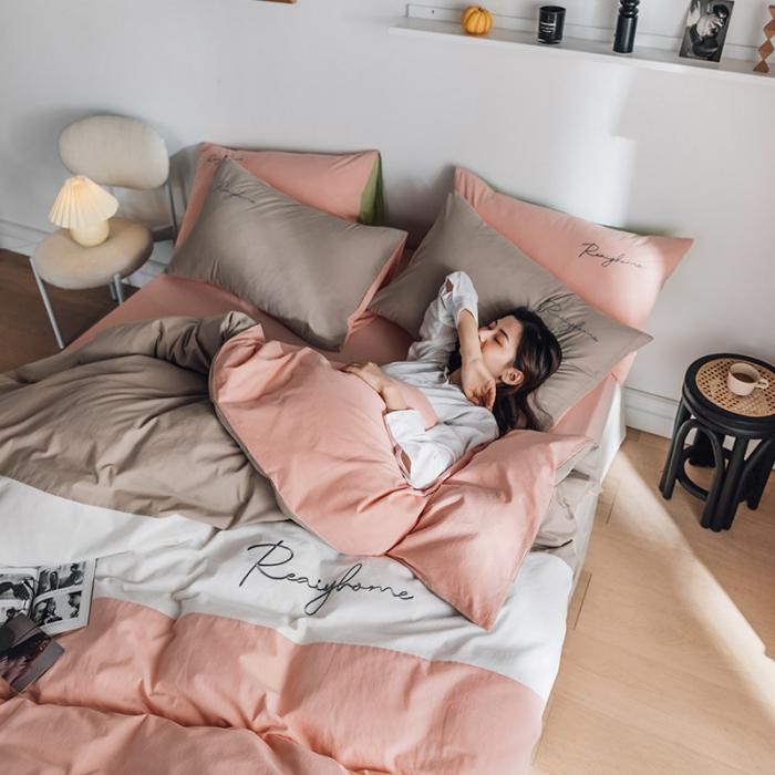 91家纺网 家纺一手货源 找家纺 蓝巢家纺 2020新款全棉加厚水洗棉早安四件套 早安浅粉