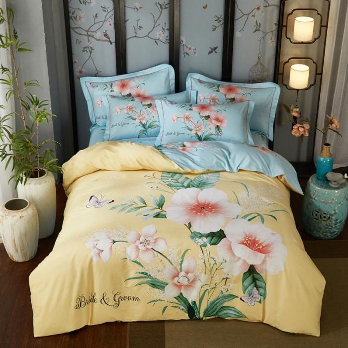 91家纺网 家纺一手货源 找家纺 雲归梦 2020新款13372全棉大版四件套 盛世天香-黄