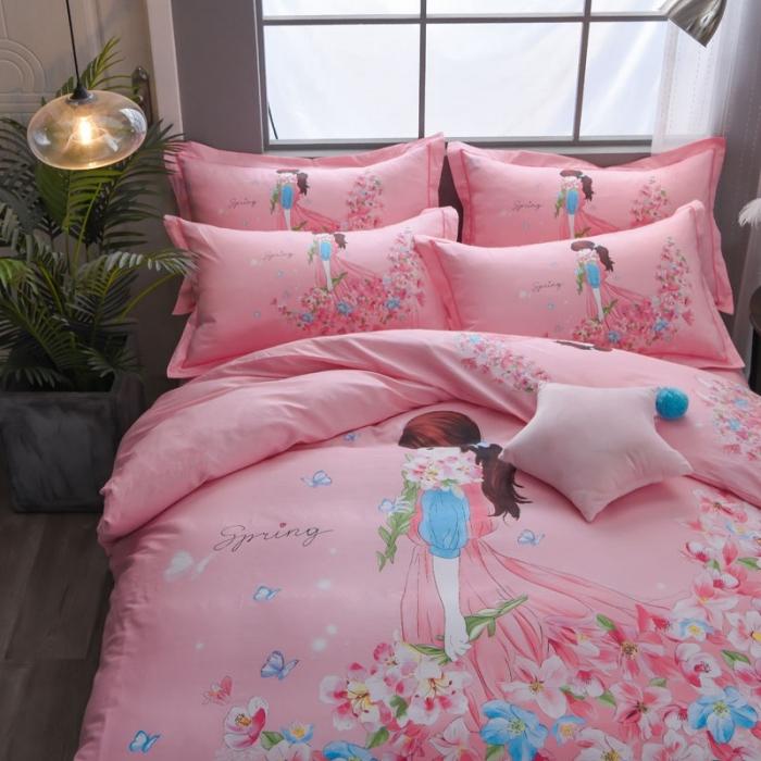 91家纺网 家纺一手货源 找家纺 雲归梦 2020新款13372全棉大版四件套 鲜花姑娘-粉
