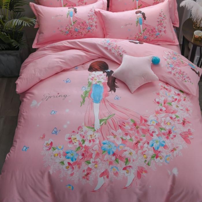 91家纺网 家纺一手货源 找家纺 雲归梦 2020新款13372全棉大版四件套 鲜花姑娘-粉