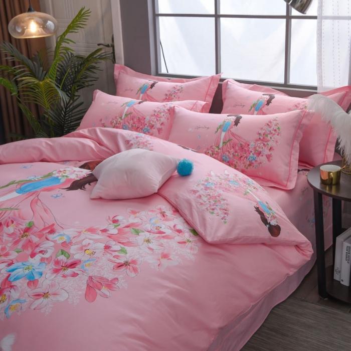 91家纺网 家纺一手货源 找家纺 雲归梦 2020新款13372全棉大版四件套 鲜花姑娘-粉