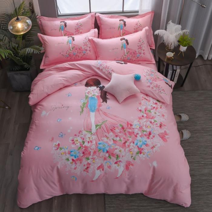91家纺网 家纺一手货源 找家纺 雲归梦 2020新款13372全棉大版四件套 鲜花姑娘-粉