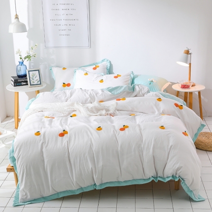 91家纺网 家纺一手货源 找家纺 （总）雨菲家纺 网红爆款水洗棉小桔子毛巾绣拼角宽边花边四件套