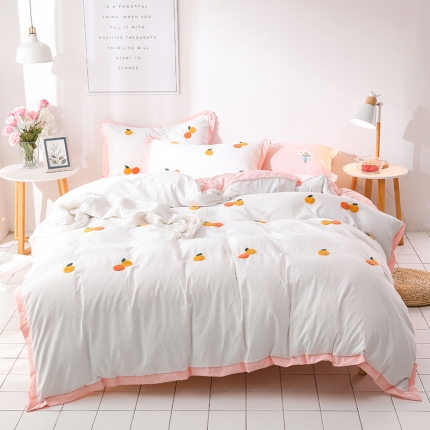 91家纺网 家纺一手货源 找家纺 （总）雨菲家纺 网红爆款水洗棉小桔子毛巾绣拼角宽边花边四件套