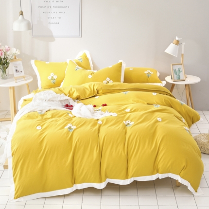 91家纺网 家纺一手货源 找家纺 （总）雨菲家纺 网红爆款水洗棉小桔子毛巾绣拼角宽边花边四件套