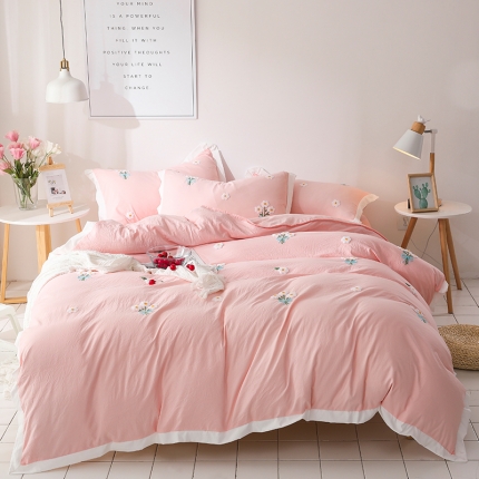 91家纺网 家纺一手货源 找家纺 （总）雨菲家纺 网红爆款水洗棉小桔子毛巾绣拼角宽边花边四件套