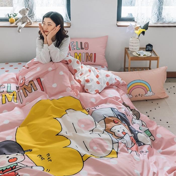 91家纺网 家纺一手货源 找家纺 窝米2020设计师合作款大版卡通全棉四件套hellomimi